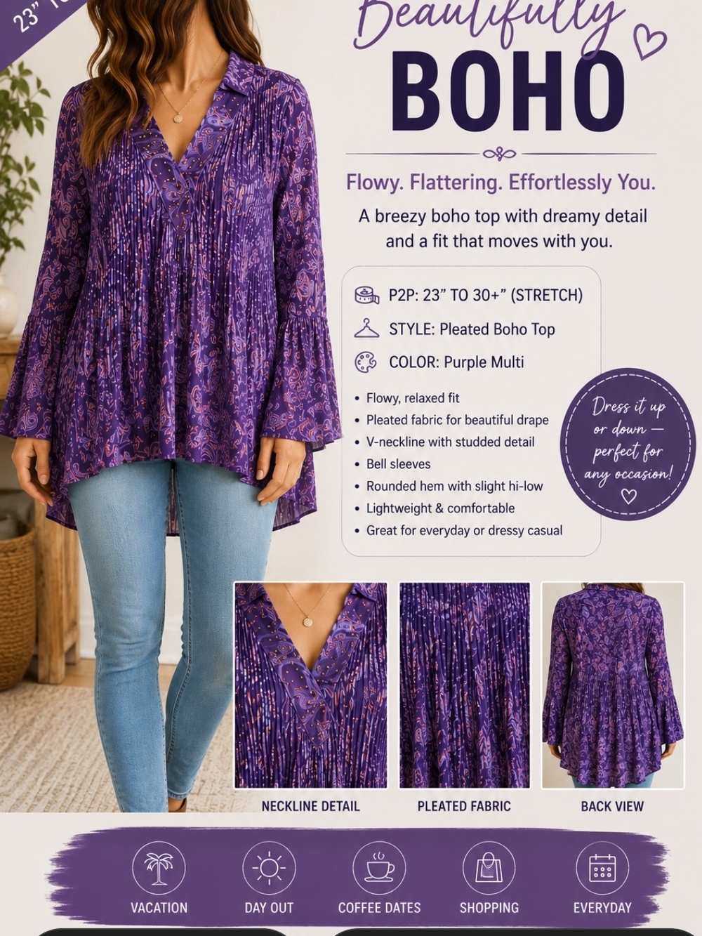 Boho Pleated V-Neck Top - Purple Multi
